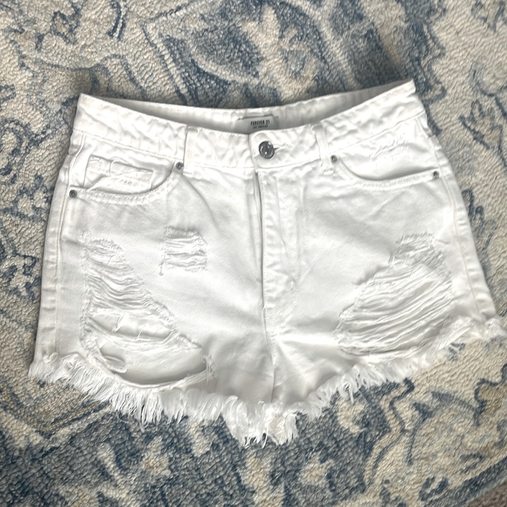 Forever 21 White Jean Shorts Distressed Frayed Hem